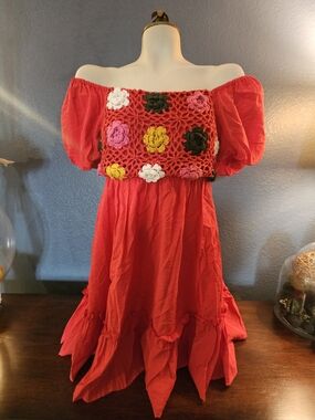 Woman's Off-Shoulder/ On-Shoulder Red Floral Crochet Dress